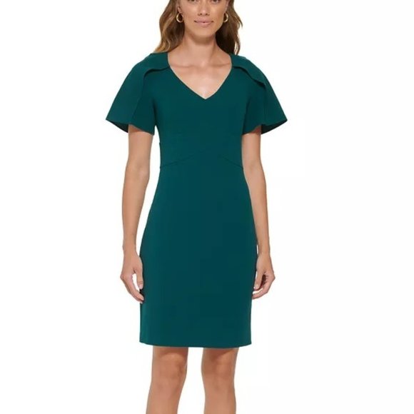 NWOT DKNY Cape Flutter Sleeve Sheath Pine Forest Green Dress Women Size 8 - Picture 1 of 4